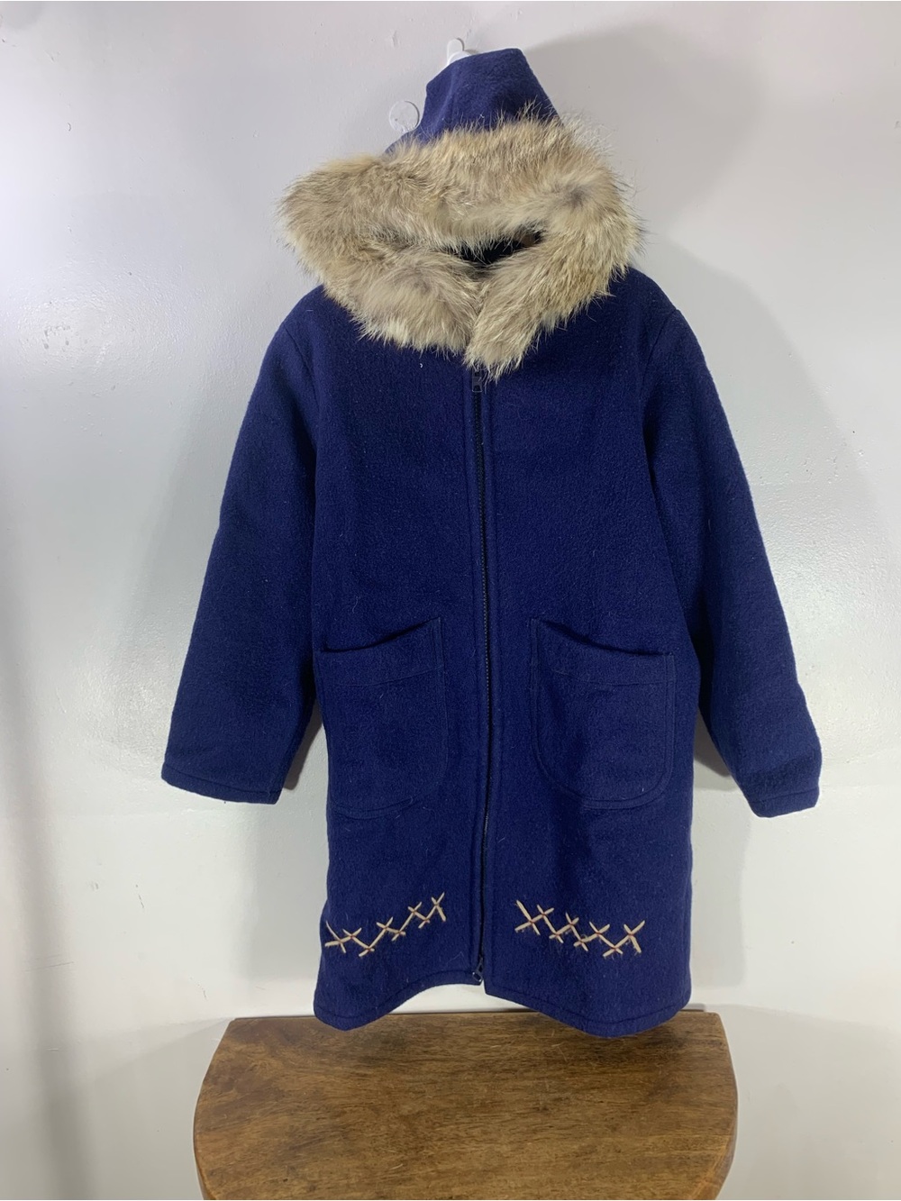 Vintage 80s Yukon Parka Wppl Coat znsvy Blue Embroidered with Fur Trim Hood